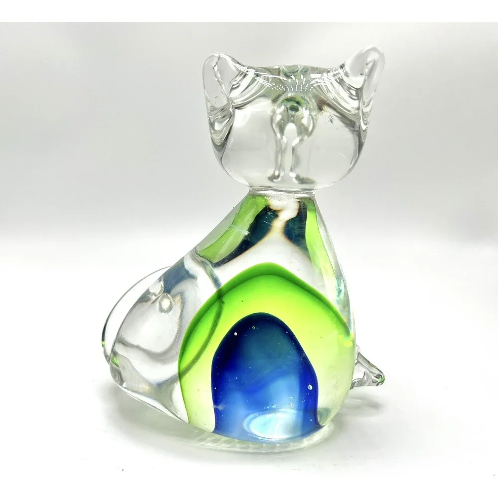 Pier 1 Large Blue and Green Glass Cat Sommerso with a Wonderful Curling Tail